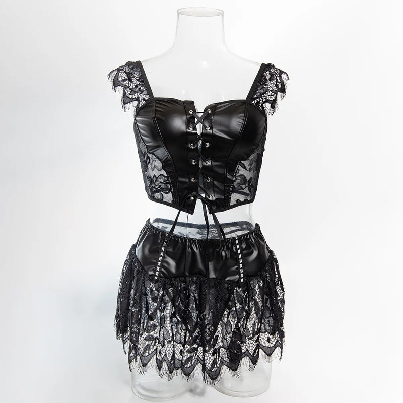 Essenza Noir Bandage 🖤 — PU fosco + renda (3 peças) ✨ 50% OFF + FRETE GRÁTIS!