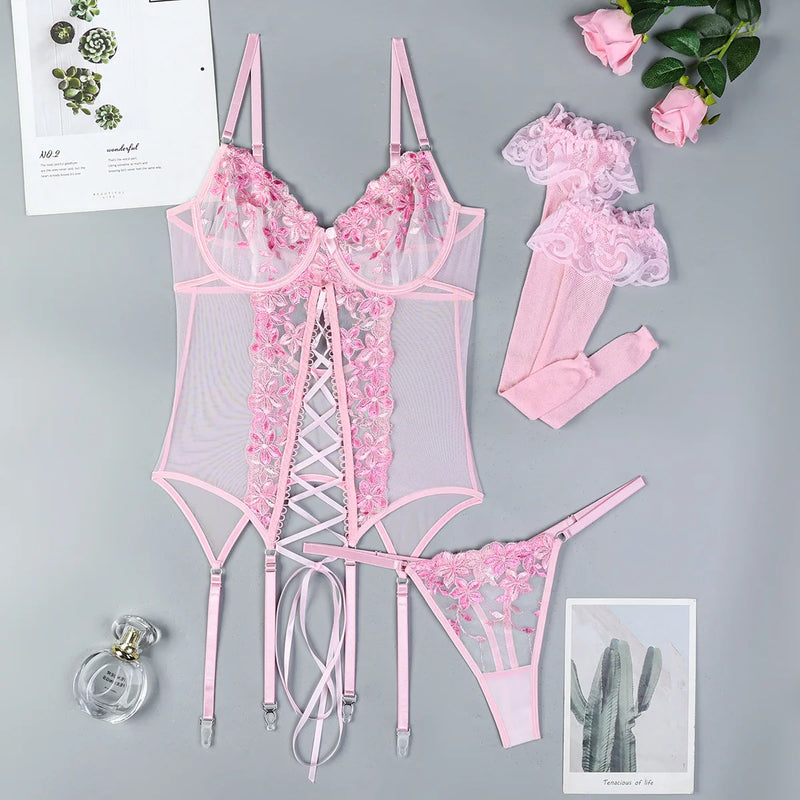 Noir Rosé Corset — Body de Renda com Trançado Frontal