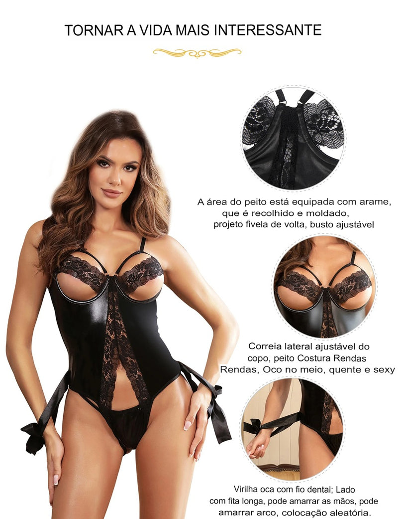 Instinto Noturno – Body Sensual com Renda e Amarração Lateral